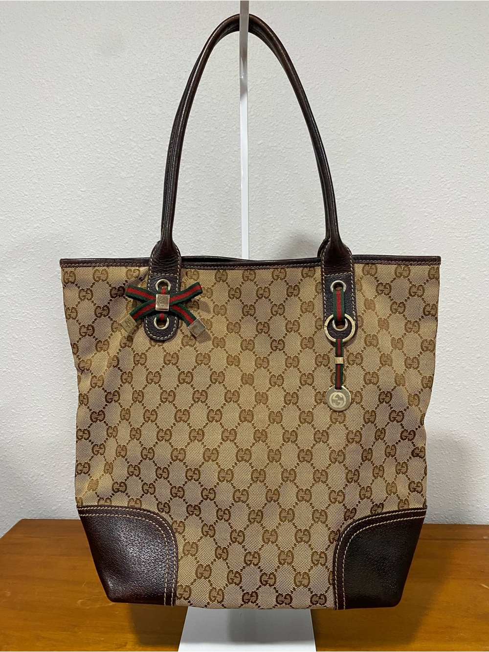 Canvas Tote Brown Leather Trim and Green-Red Web 💐Authenticity Not Guaranteed💐